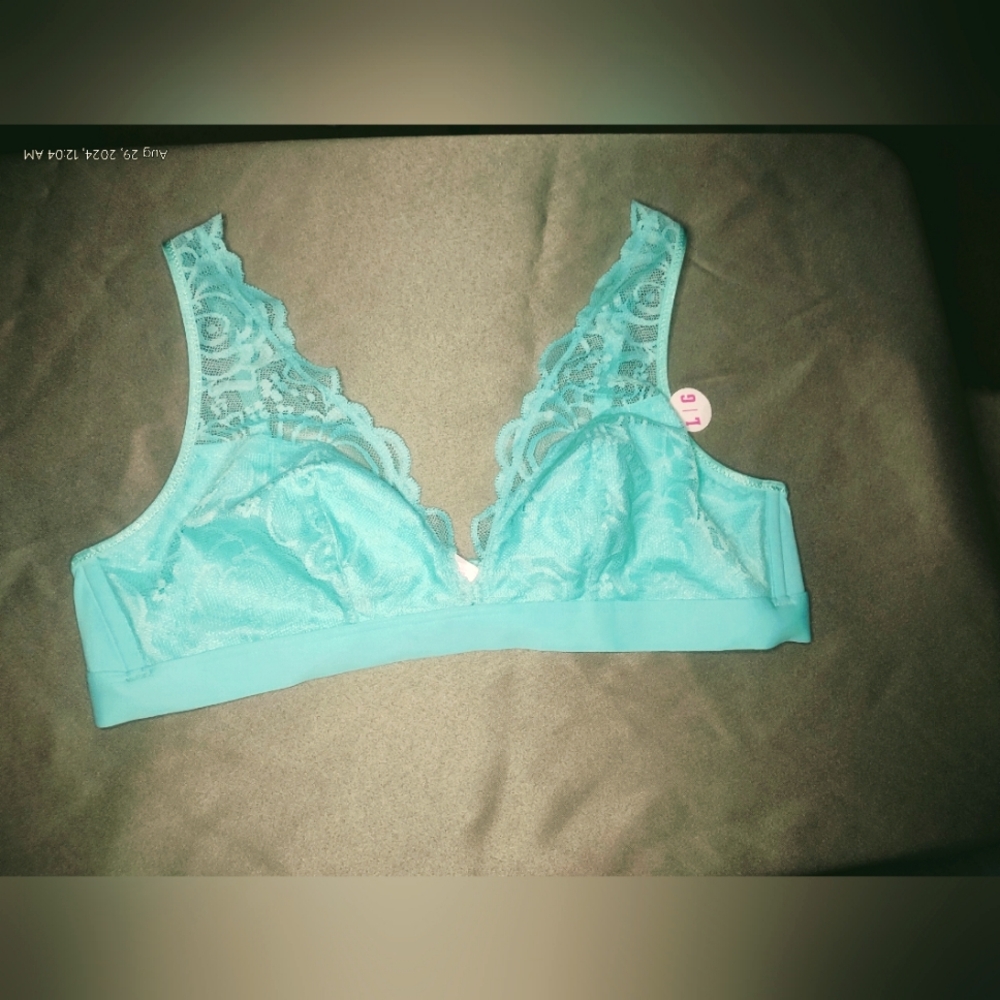 VS Pink series lace plunge bralette teal green size Large.
